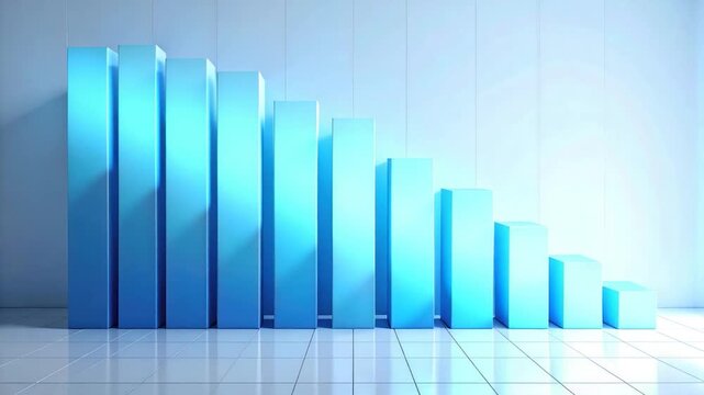 Gradient blue bar chart shows a downward trend. Rendered in a cool, minimalist style