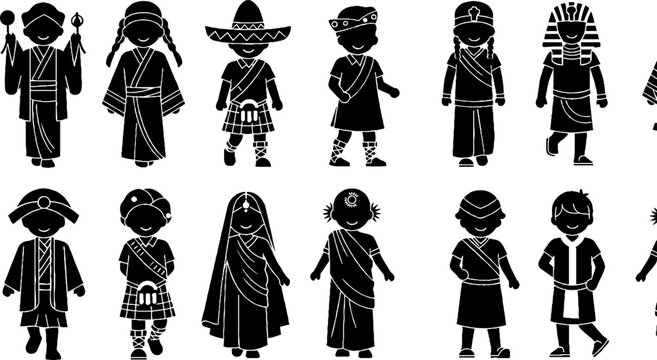 Children in traditional cultural costumes from around the world