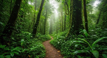 Obraz premium A winding dirt path through a lush, green rainforest with tall, moss-covered trees and dense foliage, evoking a sense of serene adventure.