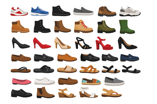 Massive flat vector collection of forty diverse footwear types featuring sneakers, boots, heels, and athletic shoes for fashion industry branding and comprehensive footwear retail catalogs.