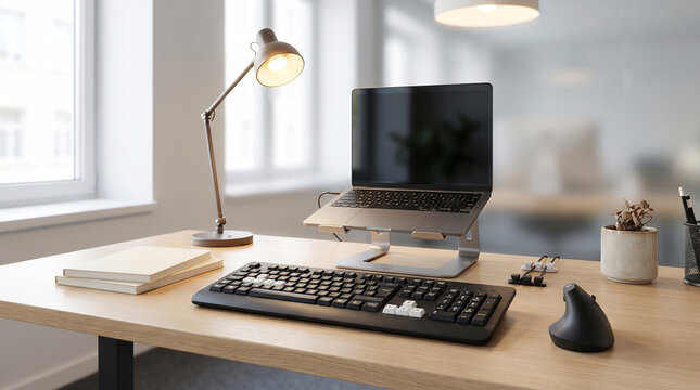 Accessible desk setup with large key keyboard ergonomic mouse and laptop stand