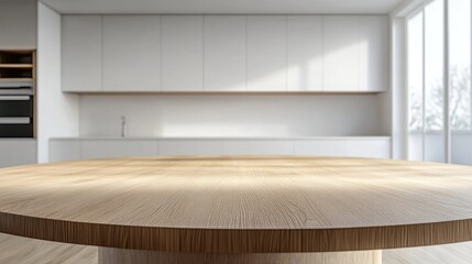 Fototapeta premium Light-filled modern kitchen, round wooden table