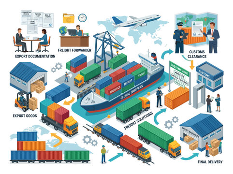 Logistics and shipping vector illustration of global trade, cargo transport, and customs clearance processes