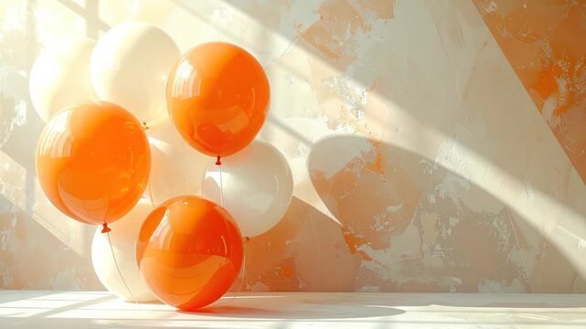 Glossy orange and white balloons float against a textured wall with sunlight