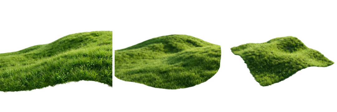 Set of 3D Grass Patches and Green Hill Terrain Elements: Realistic Isolated Land Sections for Landscape Design, Architectural Visualization, and Garden Modeling Projects