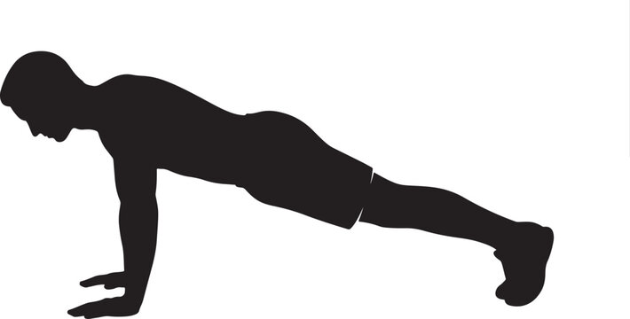 Man doing pushup plank position black silhouette isolated on white background fitness workout exercise sports vector design element