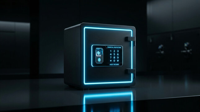Minimal black safe box with neon blue security glow, financial protection business concept, isolated object, premium cinematic lighting, ultra clean environment
