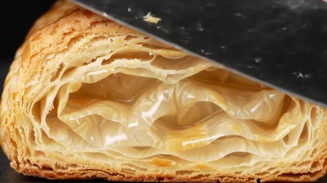 Close-up of Flaky Pastry with Creamy Filling Being Sliced.