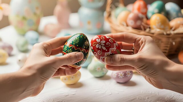 Hands Exchanging Decorated Eggs in Bright Easter Workshop