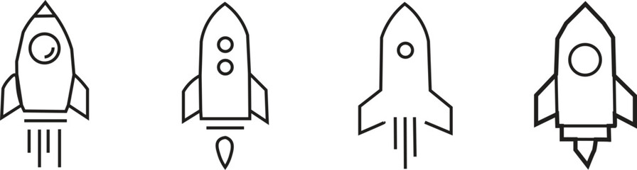 Minimalist rocket ship line icons, set of 4 spacecraft vector symbols, modern startup launch and business growth concept graphics © Asad