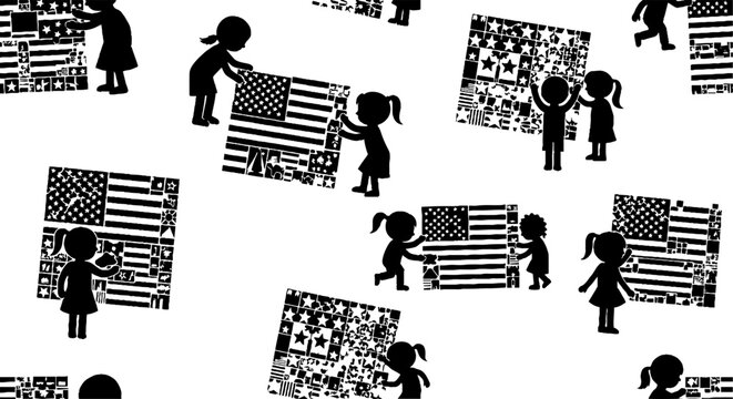Children building mosaic american flags seamless pattern