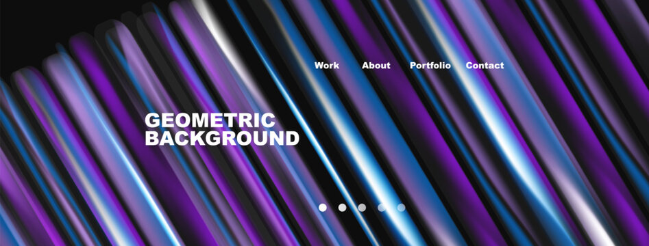 Abstract geometric background features vibrant lines, gradients. Text includes work, about, portfolio, contact options. Modern design.
