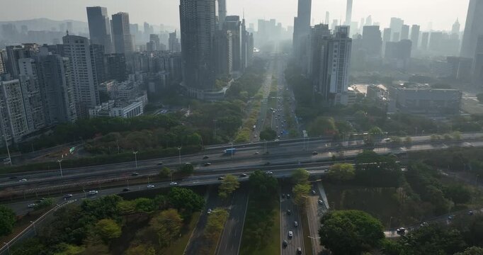 Aerial footage of downtown landscape in shenzhen city, China