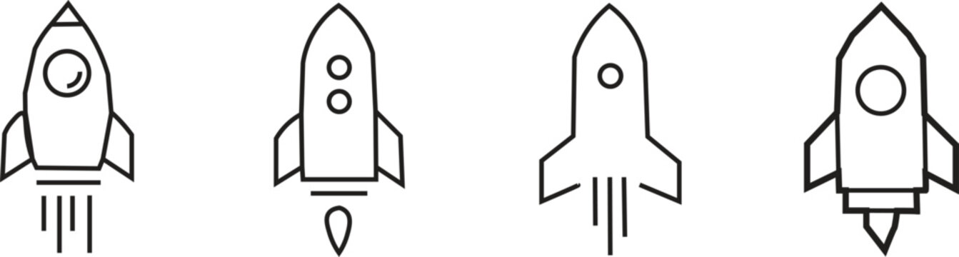 Minimalist rocket ship line icons, set of 4 spacecraft vector symbols, modern startup launch and business growth concept graphics
