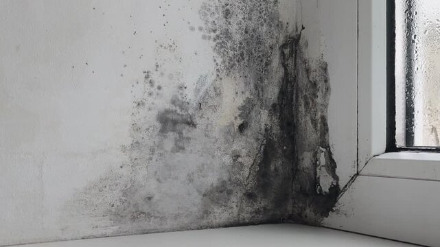 Mold and water droplets on wet window glass, showing fungal growth near window frame. presence of moisture is clearly visible on the glass surface. poor ventilation in room