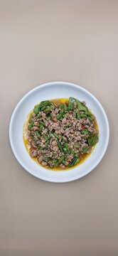 Pad Kra Prao Moo Sub, Stir-Fried Minced Pork with Holy Basil and Long Beans, Traditional Thai street food