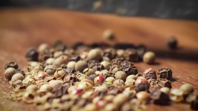 Close-up of Mixed Peppercorns Being Crushed on a Wooden Surface.