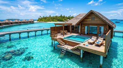 Fototapeta premium Luxury overwater bungalow with pool in tropical island resort