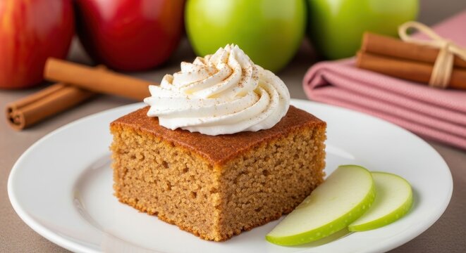 Decadent spice cake with whipped cream and apple slice on a plate, perfect for autumn dessert