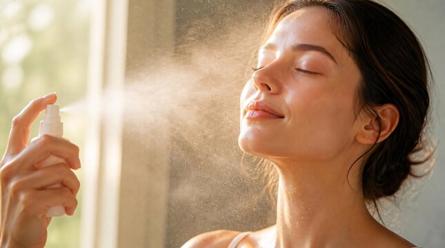 A serene young woman facial spray on her face.