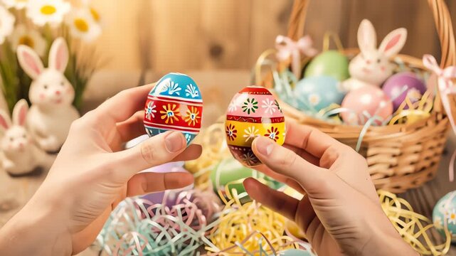 Folding Easter Eggs Showing Brightly Painted Patterns In Handsewn Basket Setting