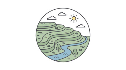 Fototapeta premium Minimalist landscape illustration rolling hills river and sun within a circle