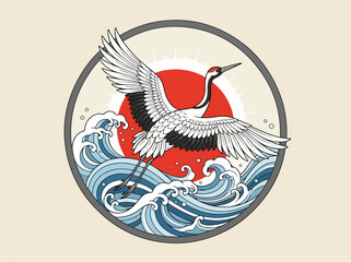 Fototapeta premium Japanese Red Crowned Crane Flying Over Great Wave and Rising Sun Circle Illustration.