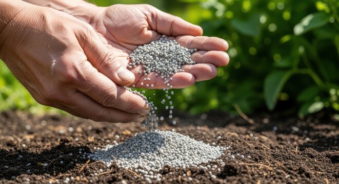 Farmer's hands gently pouring granular fertilizer onto fertile soil, promoting plant growth and healthy crops