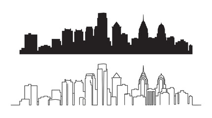 Fototapeta premium Dynamic Urban Cityscape Silhouette and Line Art Vector Set Representing a Modern Architectural Landmark for Design Projects