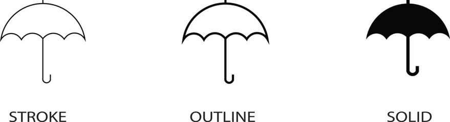 Minimalist umbrella icon set with stroke, outline, and solid versions. Black weather protection symbols for app interface and web design. Vector parasol graphics. © Asad