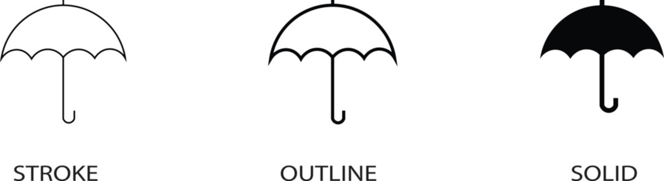 Minimalist umbrella icon set with stroke, outline, and solid versions. Black weather protection symbols for app interface and web design. Vector parasol graphics.