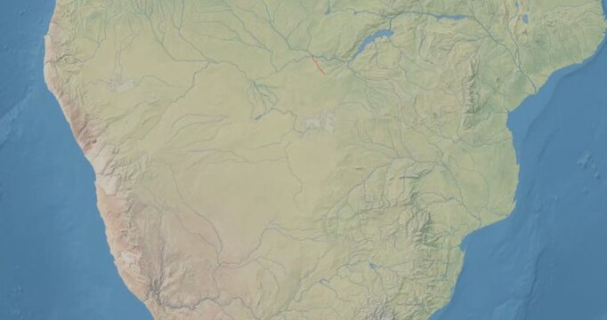 Botswana on Globe. Zoom into the country with Earth spinning on dark background. Physical world map with Botswana and label on it. Country view animation.