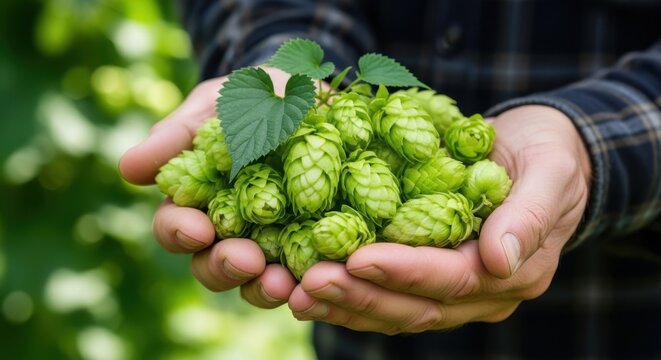 Hands cradling fresh green hops during a vibrant harvest, showcasing nature's bounty for brewing.