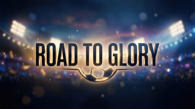 Road to glory text with soccer ball emblem on background of stadium with lights. Sport championship promotion banner. Professional football tournament concept and victory celebration.