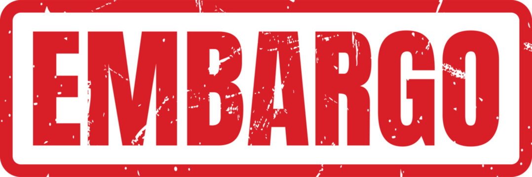 Red Embargo Ink Stamp Impression Showing A Grungy Textured Effect For Official Business Documentation Use