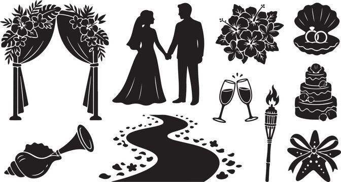 Black and white of diverse wedding activities and attire couple bride groom dress