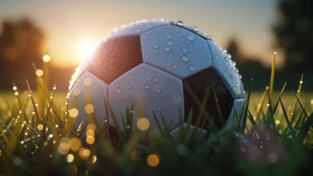 Macro close-up of a black-and-white football resting on dewy grass at sunrise, water droplets glistening in golden backlight, an evocative sports and outdoor lifestyle clip.