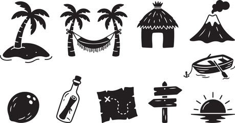 Naklejka premium Black and white of tropical beach, travel, and leisure palm tree umbrella beach chair