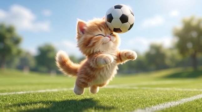 A charming 3D stylized illustration captures an adorable kitten joyfully heading a soccer ball on a lush green field