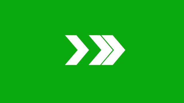 Three glowing white beautiful right direction arrows concept icon animation on green background.Abstract road direction,direction arrow icon animation.