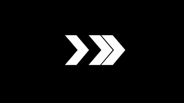 Three glowing white beautiful right direction arrows concept icon animation on black background.Abstract road direction,direction arrow icon animation.