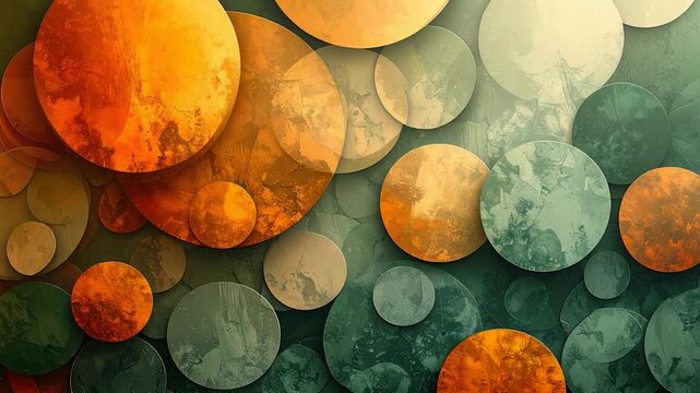 Abstract composition of overlapping circles in autumnal colors with textured surfaces