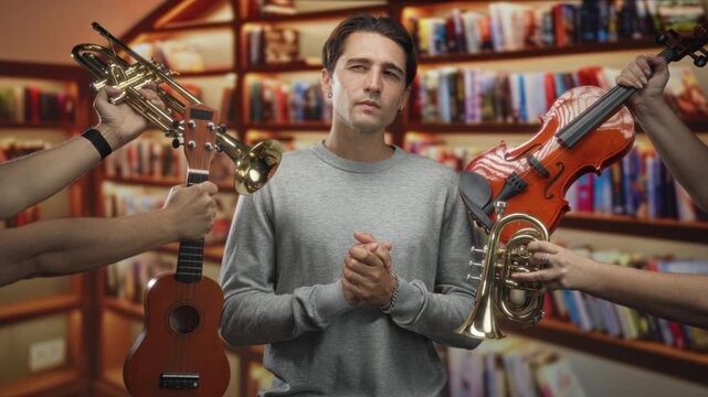 Man with clasped hands flanked by violin, trumpet and ukulele amid bookshelves in a library building; quiet contemplation.
