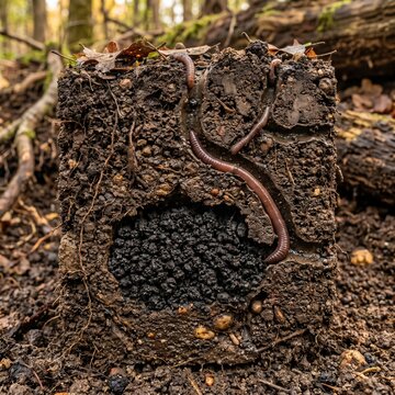 Intricate Cross-Section Of Earthworms In Rich Forest Soil, Detailed Macro Photography