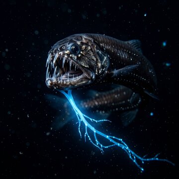 Cinematic Close-up Of A Black Dragonfish With Bioluminescent Lure In Dark Deep Ocean Waters Photorealism