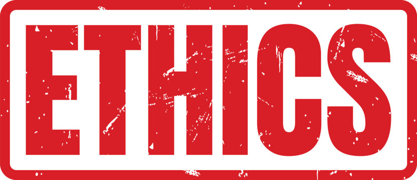 A red rectangular rubber ink stamp with the word ethics written in bold capital letters