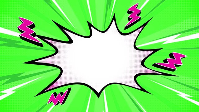 Exploding comic book speech bubble animation video featuring dynamic green rays and pink zaps, for impactful messages.