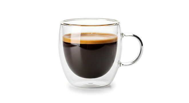 Isolated shot of a hot cup of coffee with crema in a transparent mug