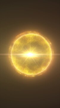 Abstract golden glowing sun sphere with bright central flare, solar plasma texture, and radiant cosmic energy on a dark background.