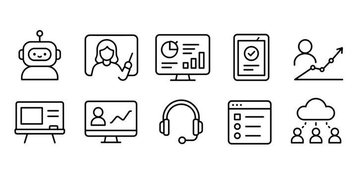 Collection of modern flat icons representing business, education, and technology concepts